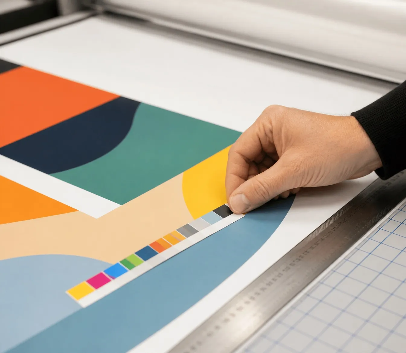Hand comparing an abstract printed panel with a colour reference strip on a finishing bench
