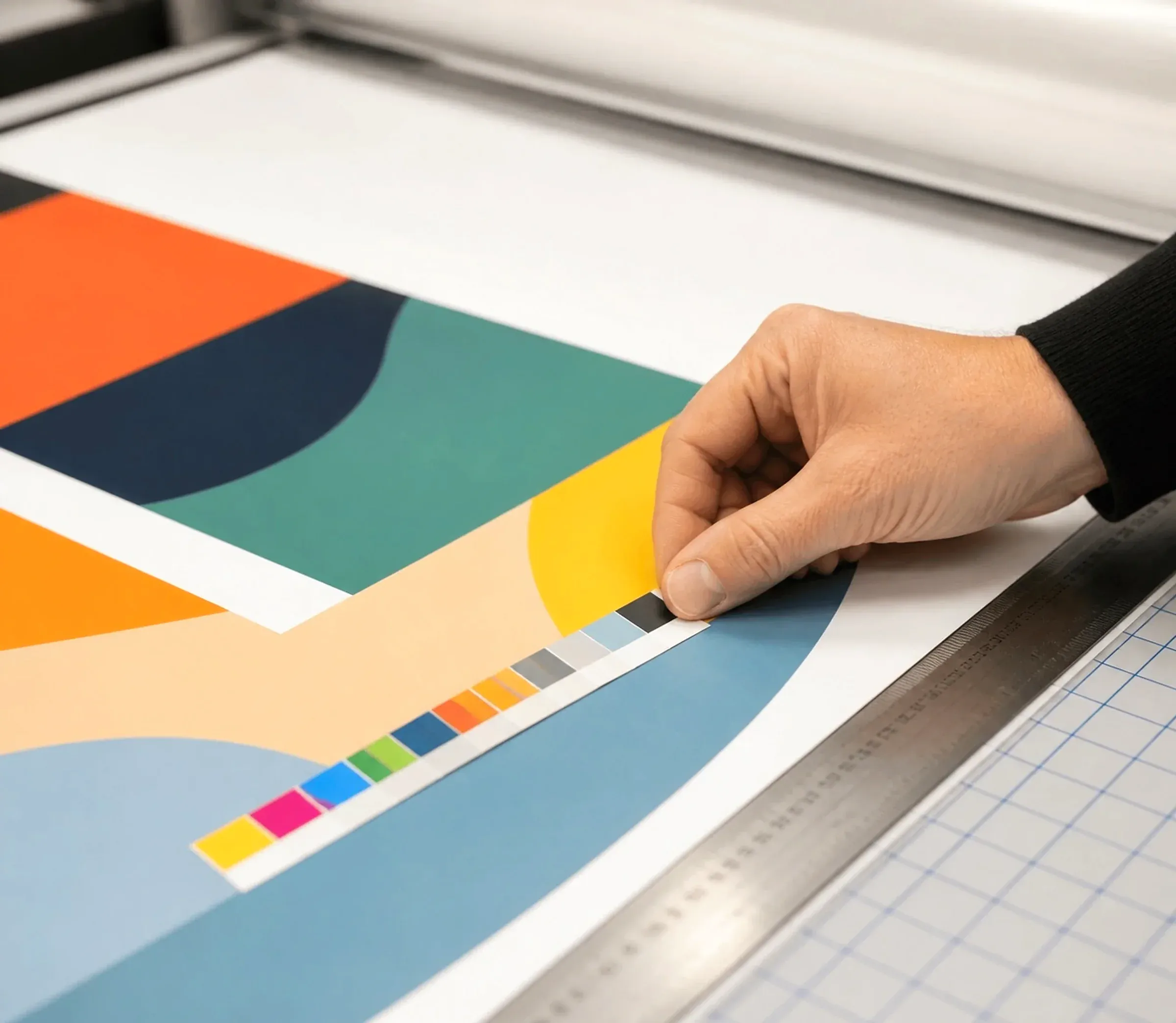 Hand comparing an abstract printed panel with a colour reference strip on a finishing bench