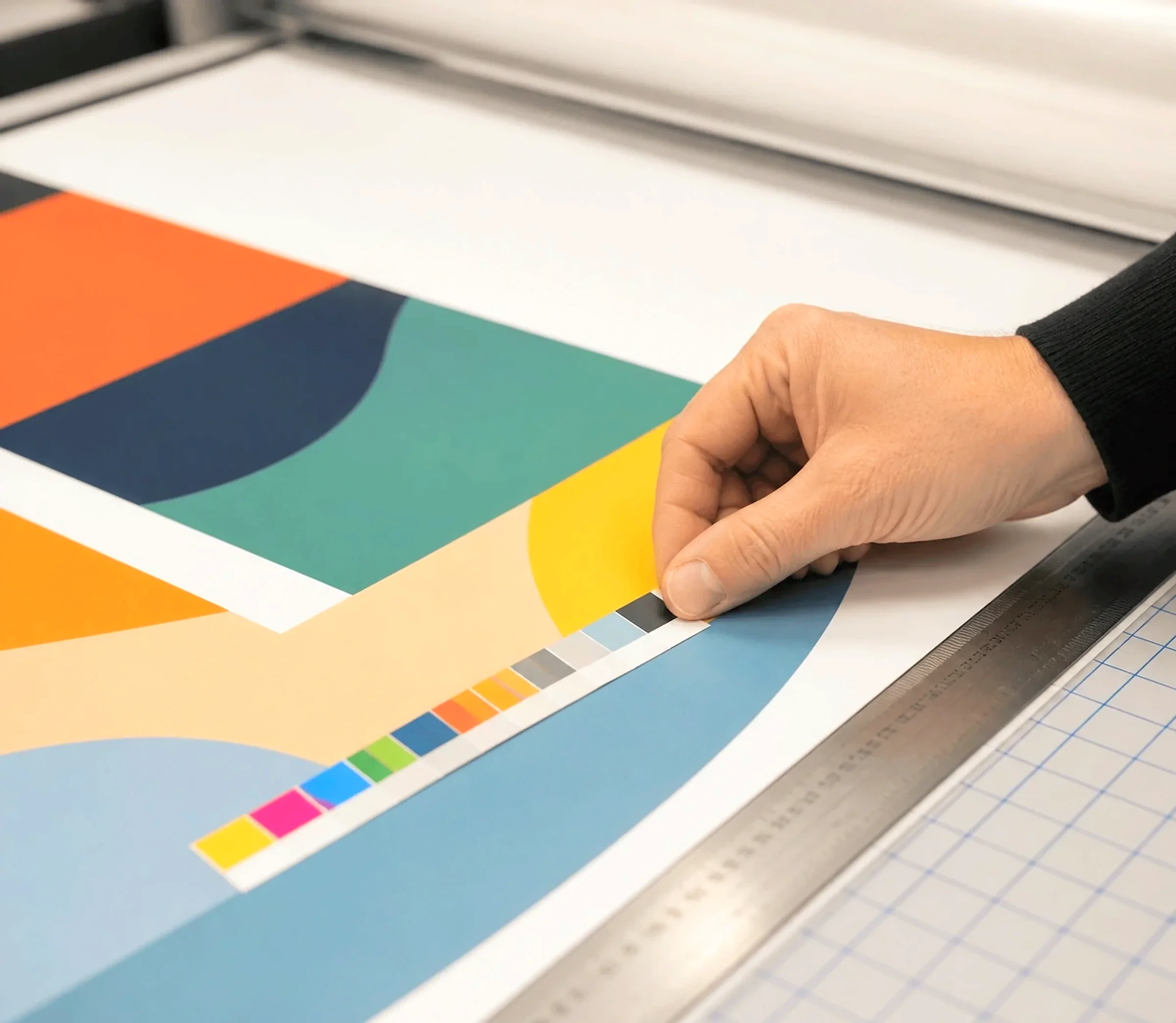 Hand comparing an abstract printed panel with a colour reference strip on a finishing bench