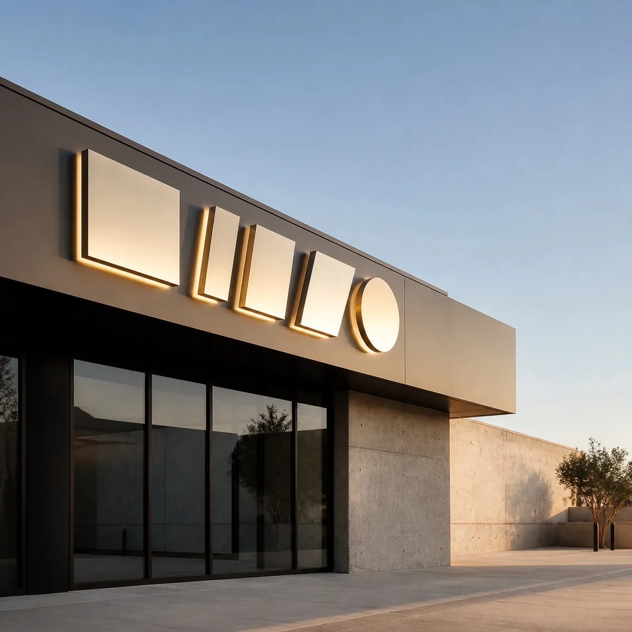 Blank illuminated dimensional sign forms mounted on a contemporary concrete and glass frontage