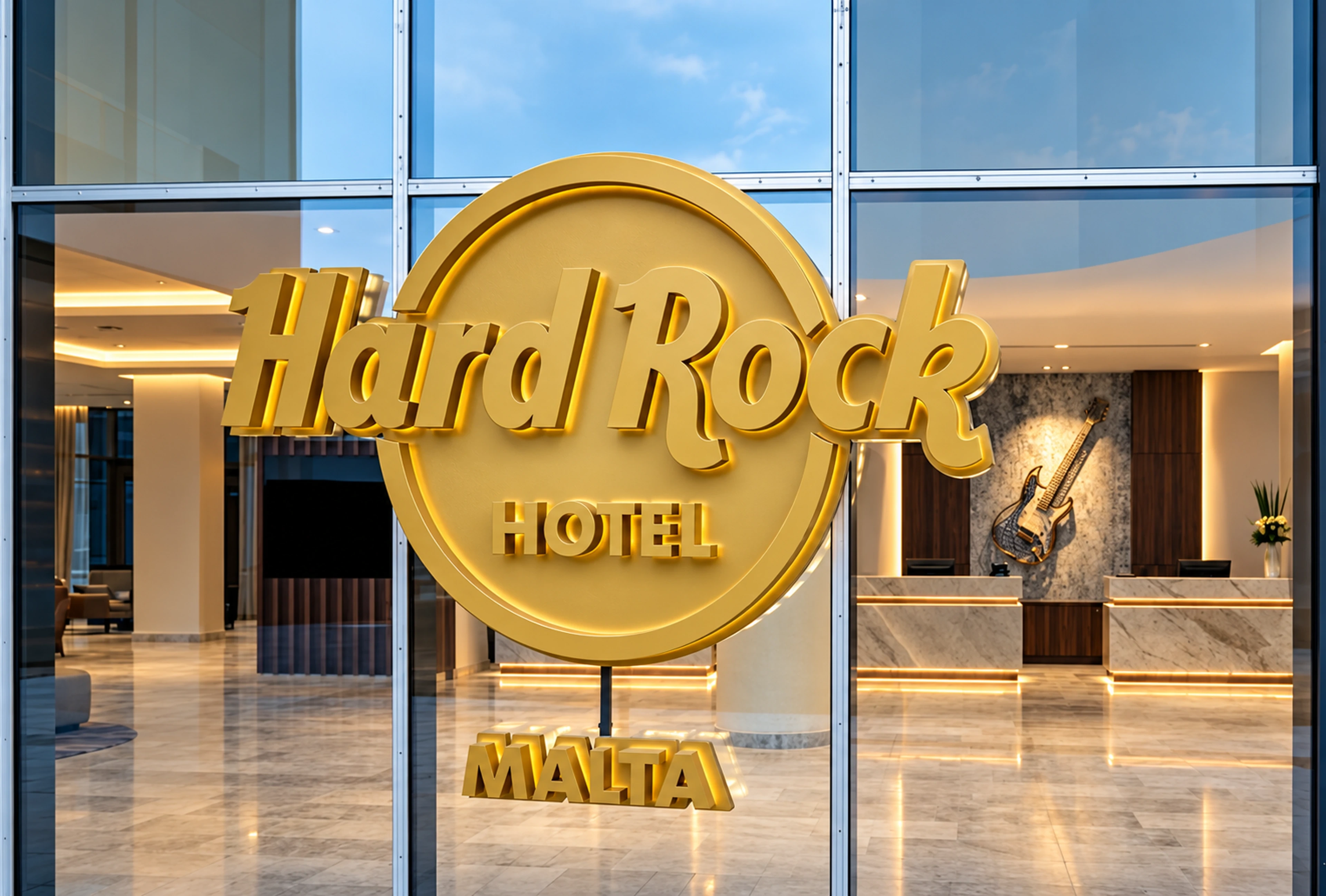 Gold Hard Rock Hotel Malta lettering on glass in front of the hotel reception