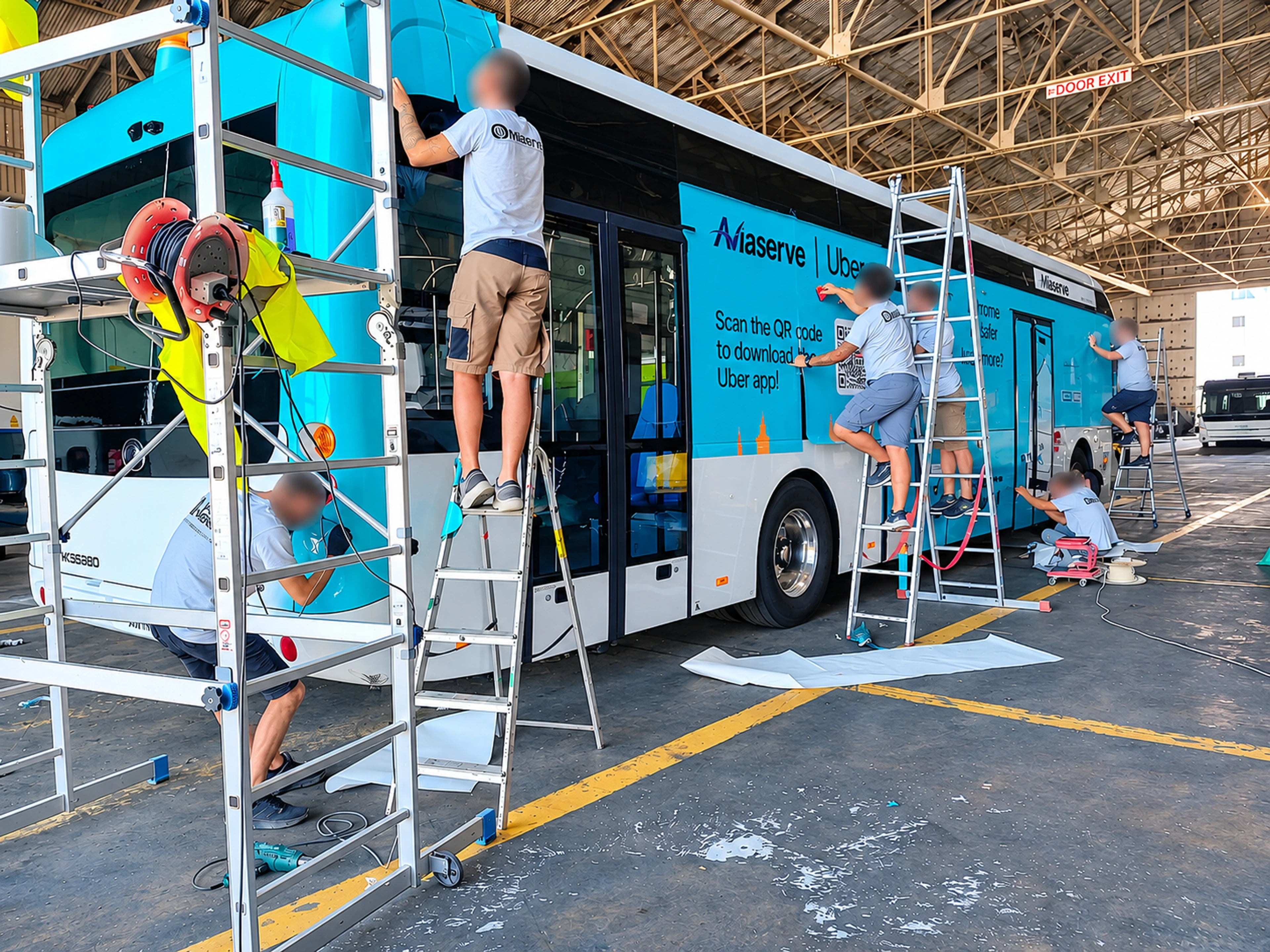 Fitters on ladders applying turquoise printed vinyl to a bus inside a depot