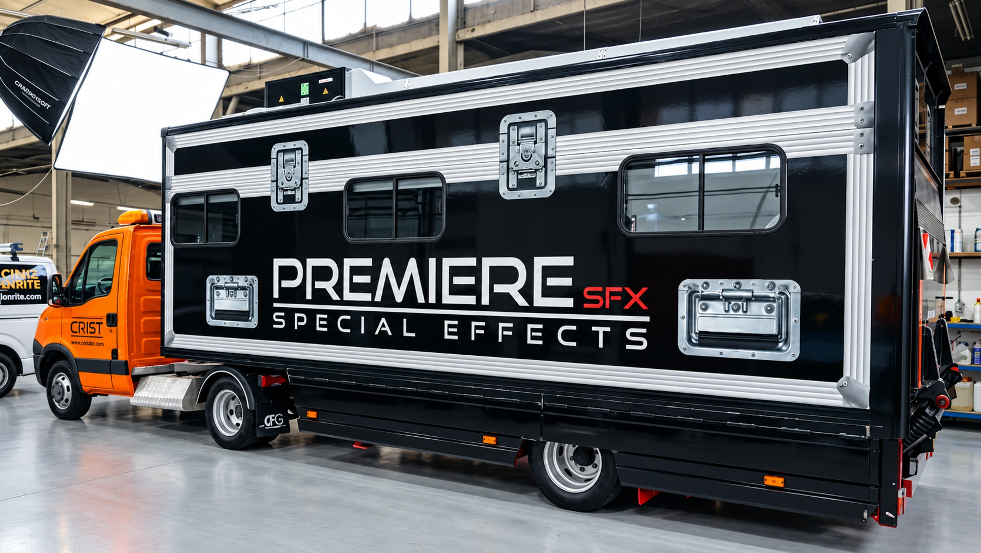 Black and silver Premiere SFX flight-case style truck wrap inside a workshop