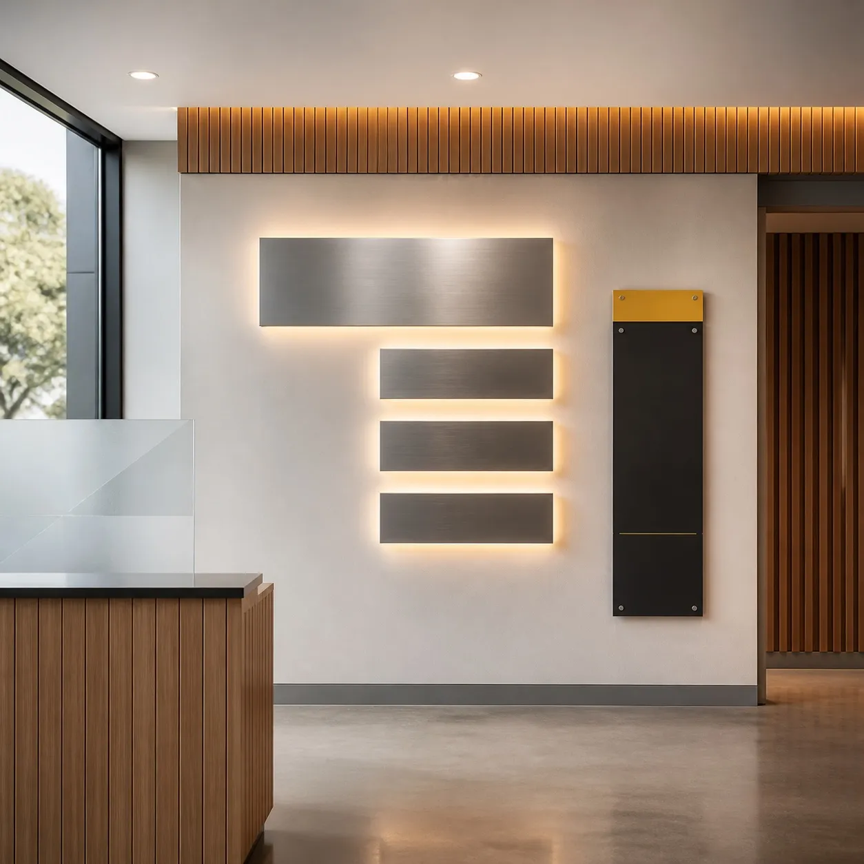 Blank illuminated metal wall panels and a wayfinding plate in a warm modern reception interior