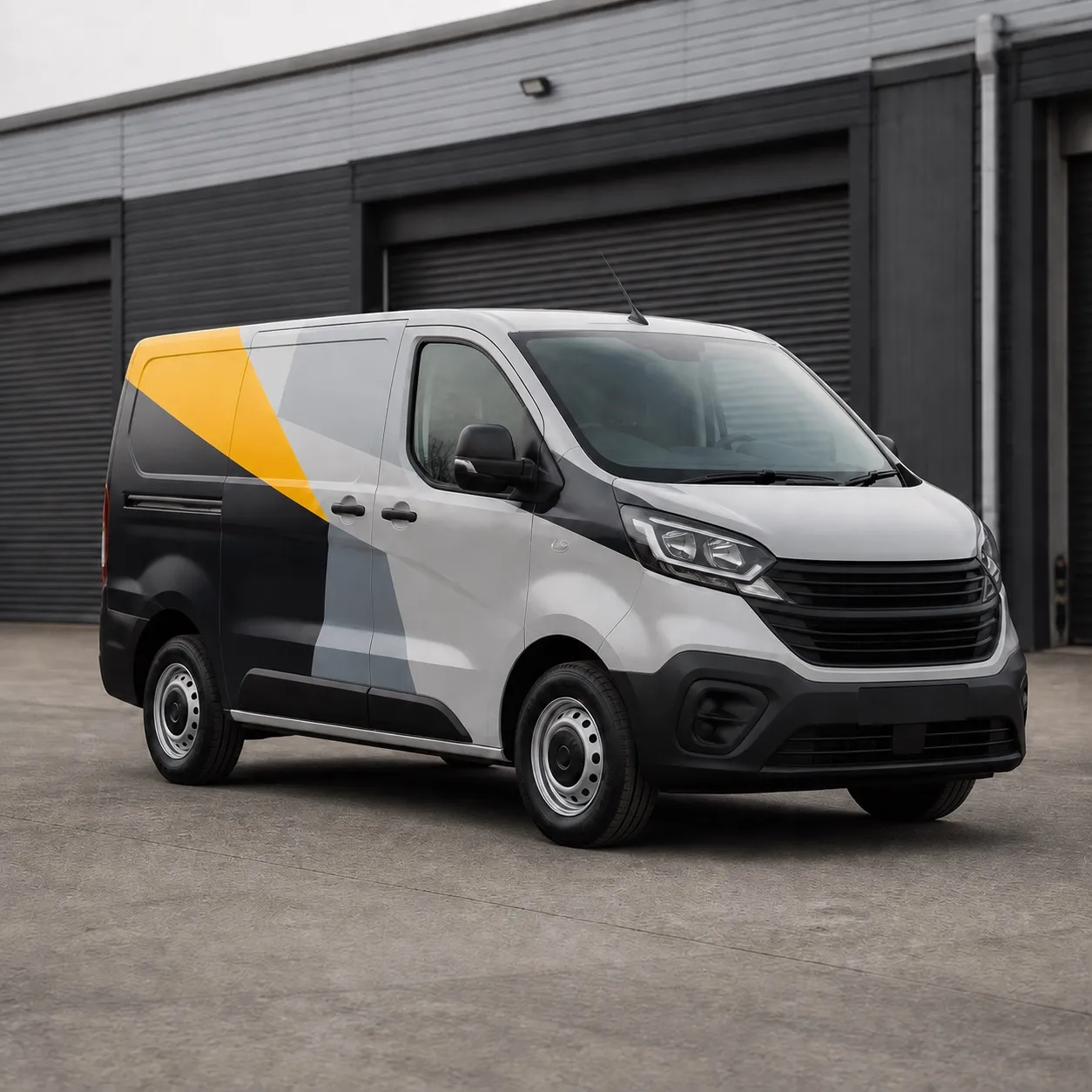 Unbranded grey panel van wrapped in an abstract charcoal, grey and yellow geometric design