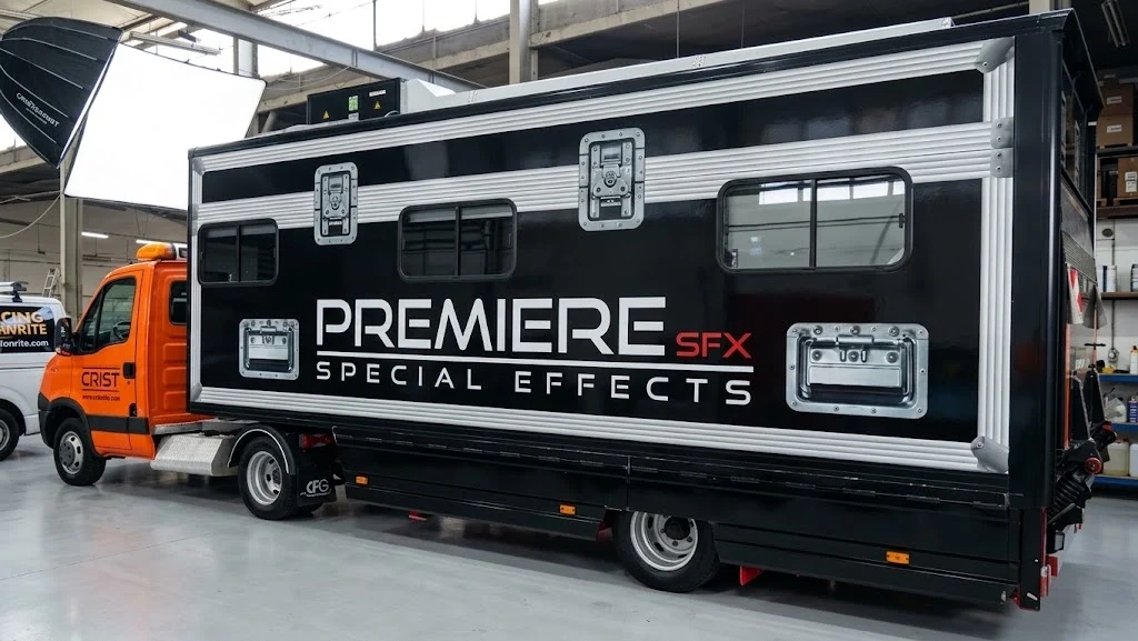 Gloss black and silver flight-case style wrap on a special effects truck body, parked in a workshop
