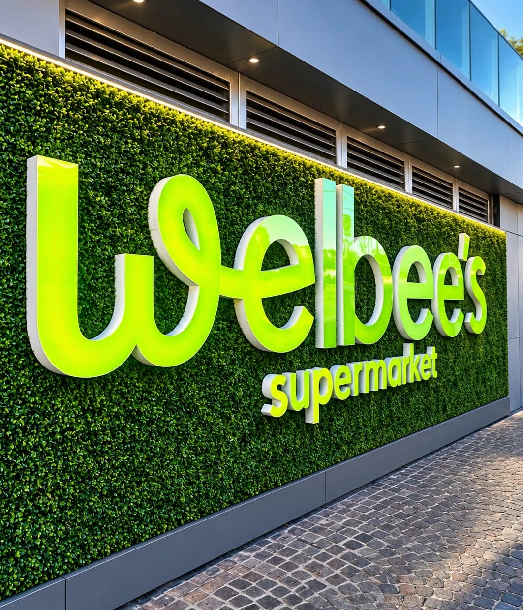 Illuminated lime-green Welbee's supermarket letters mounted on a living green wall along a shopfront