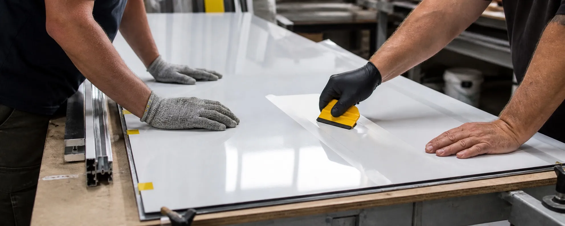 Two pairs of hands applying film to a blank sign panel across a fabrication bench
