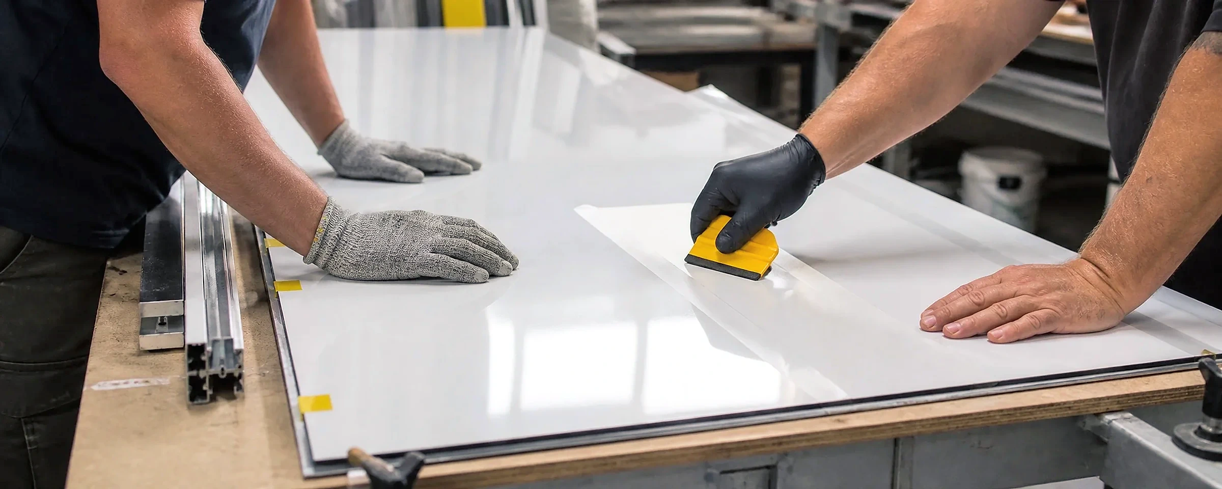 Two pairs of hands applying film to a blank sign panel across a fabrication bench