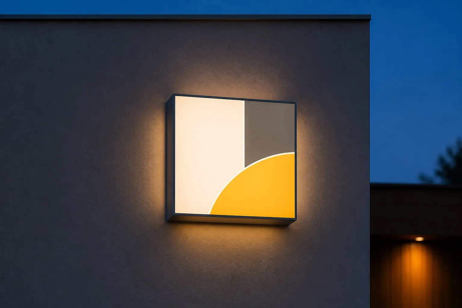 Abstract face-lit and halo-lit geometric sign forms glowing against a plain wall at blue hour