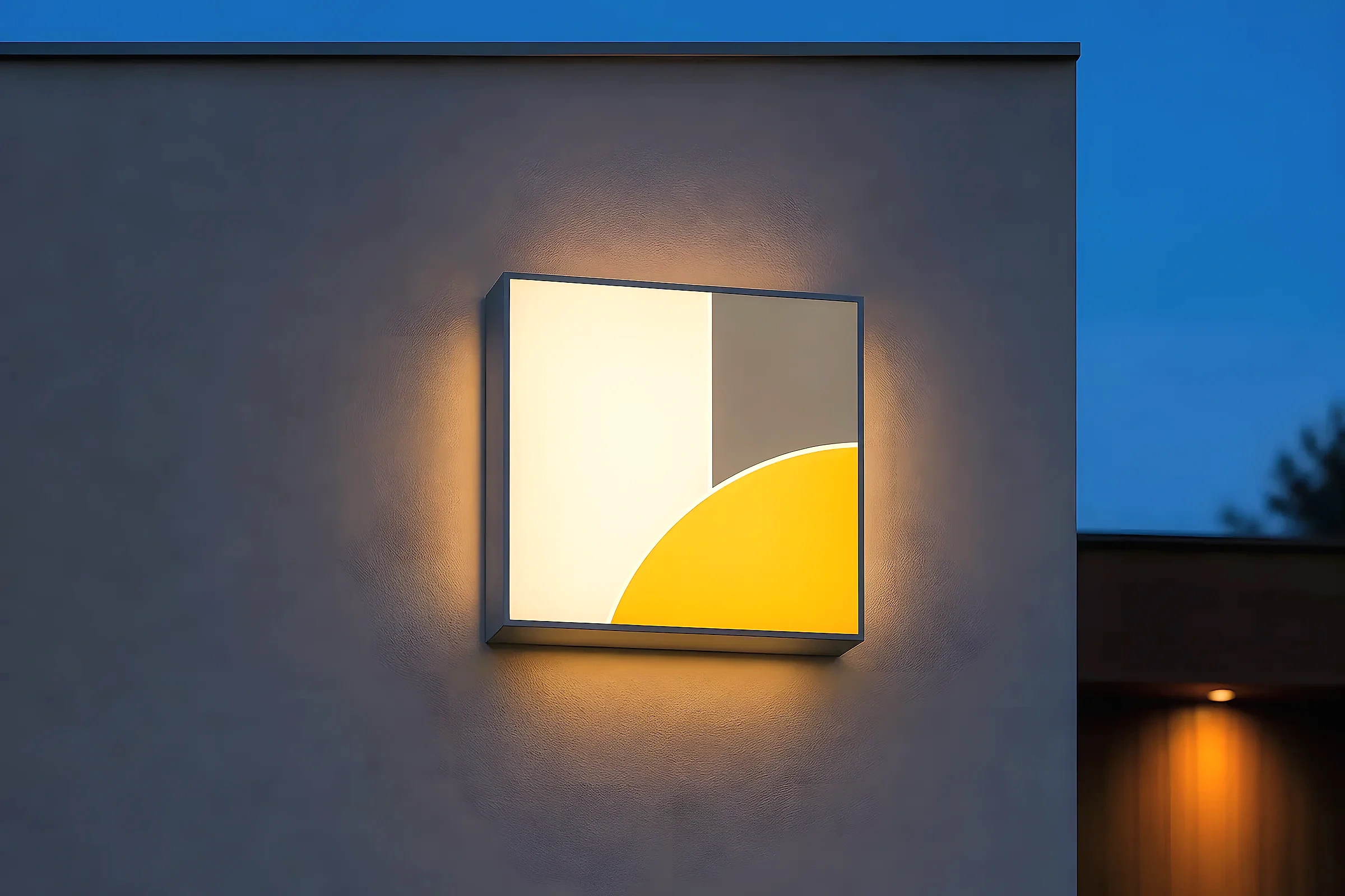Abstract face-lit and halo-lit geometric sign forms glowing against a plain wall at blue hour