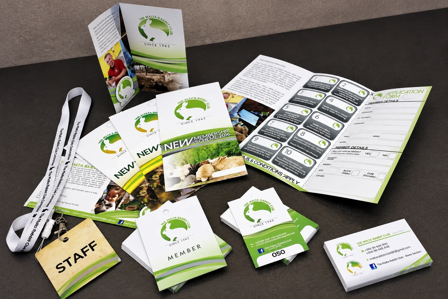 Printed brand identity set of folded leaflets, membership cards and a lanyard laid out on a dark table
