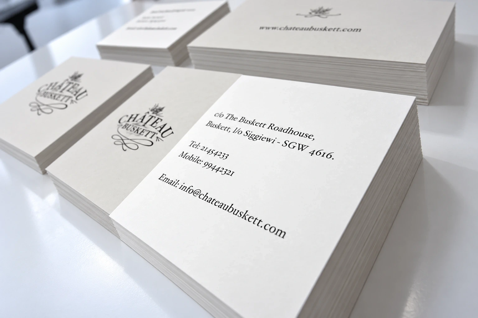 Close view of a cream letterpress-style business card printed with a restaurant's address and contact details