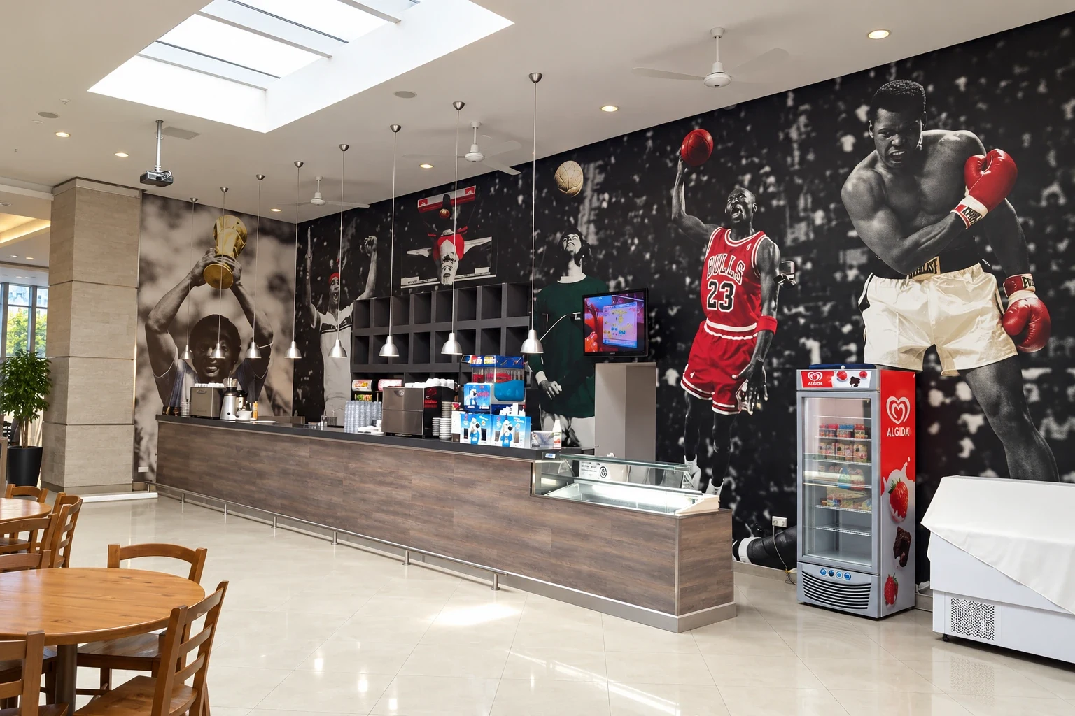 Café counter in front of a wall covered floor to ceiling in a printed sports-themed mural