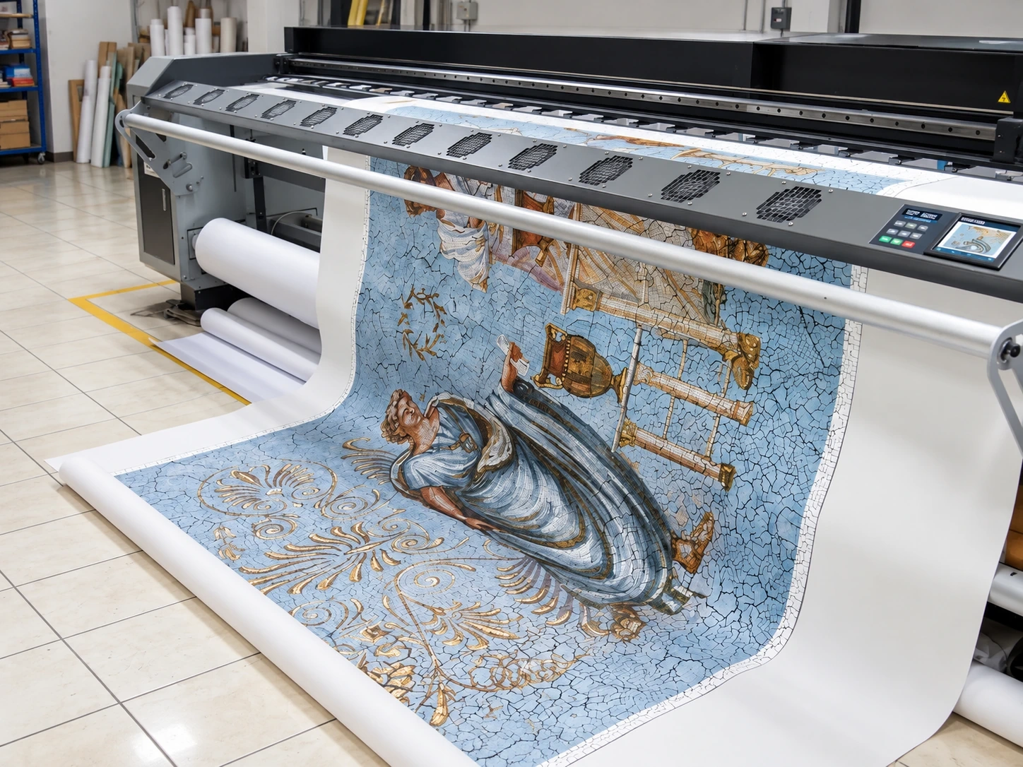 Wide-format printer running out a large print of an aged classical mosaic with a robed figure and columns