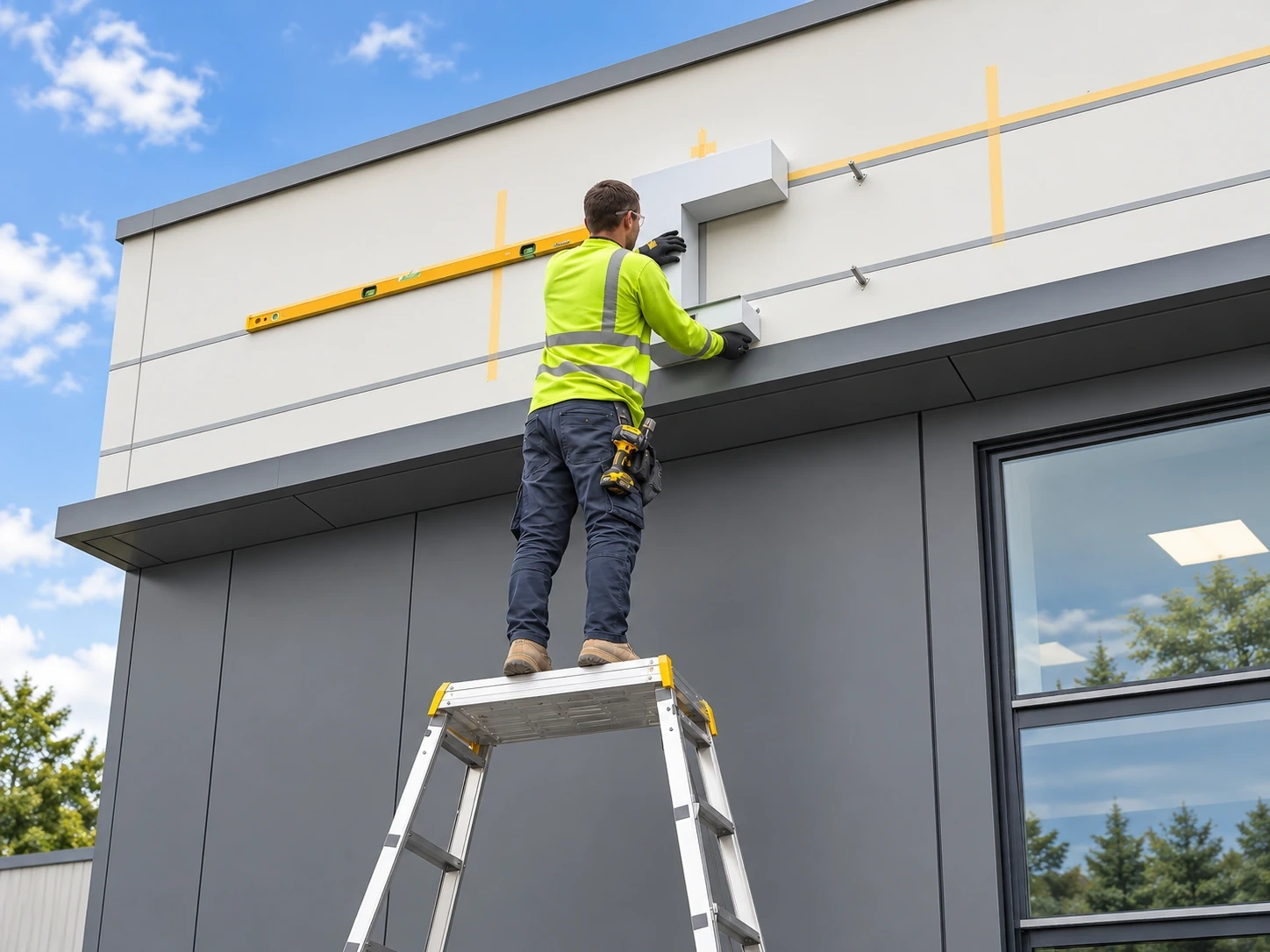 Fitter in a high-visibility top on a stepladder fixing a dimensional sign form to a building facade
