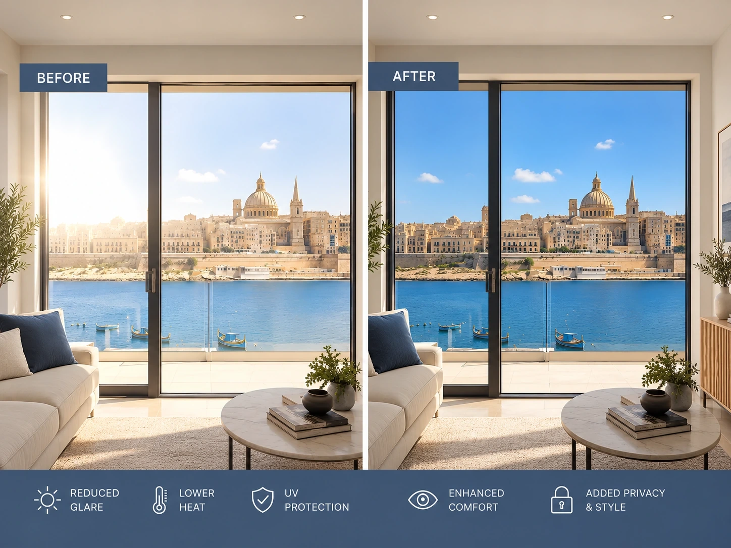 Before and after comparison of the same harbour view through sliding doors: on the left, glare washes out the sky and the room; on the right, the view through solar film holds its colour. Labelled reduced glare, lower heat, UV protection, enhanced comfort, and added privacy and style.