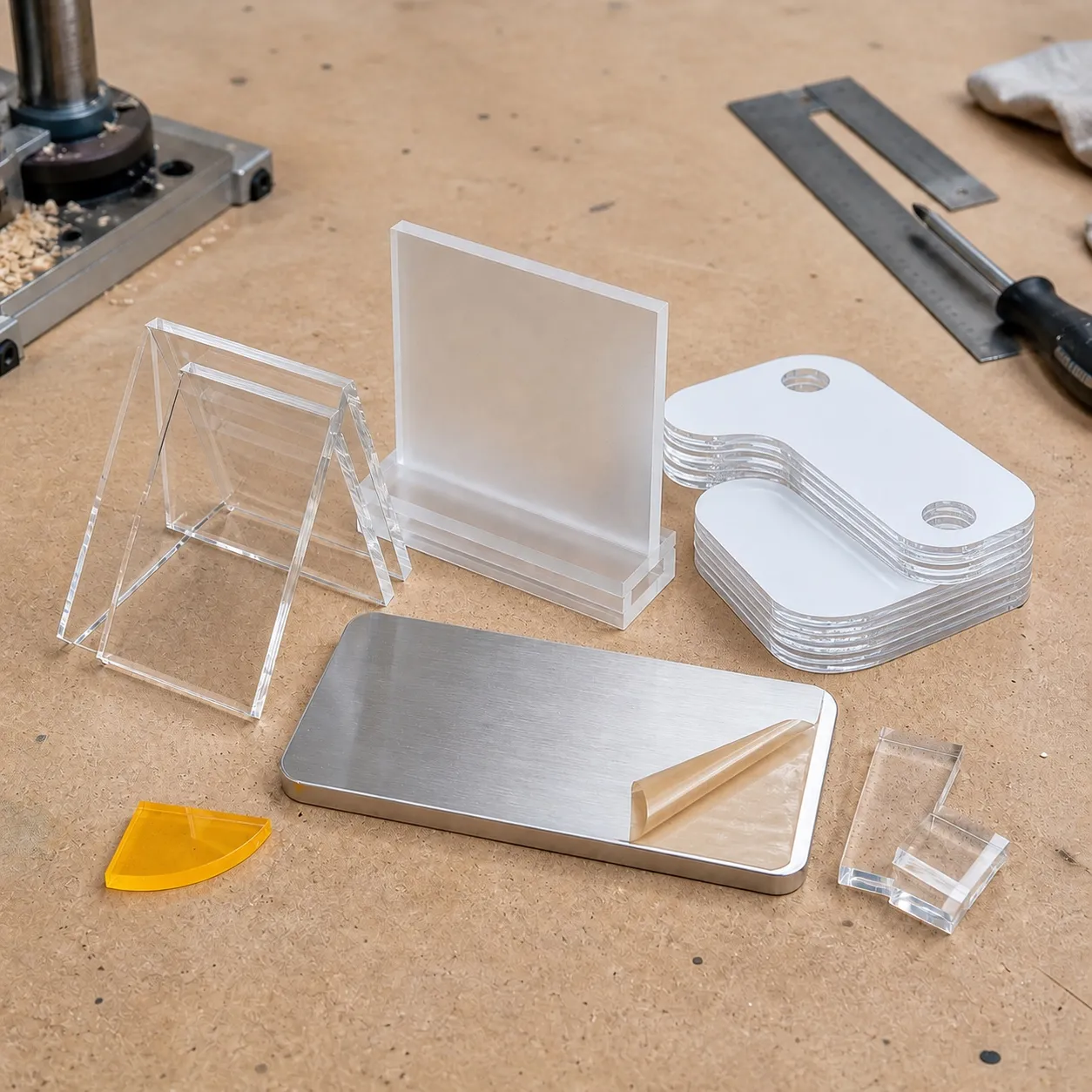 Clear and frosted acrylic display blanks with a brushed aluminium plaque on a fabrication bench