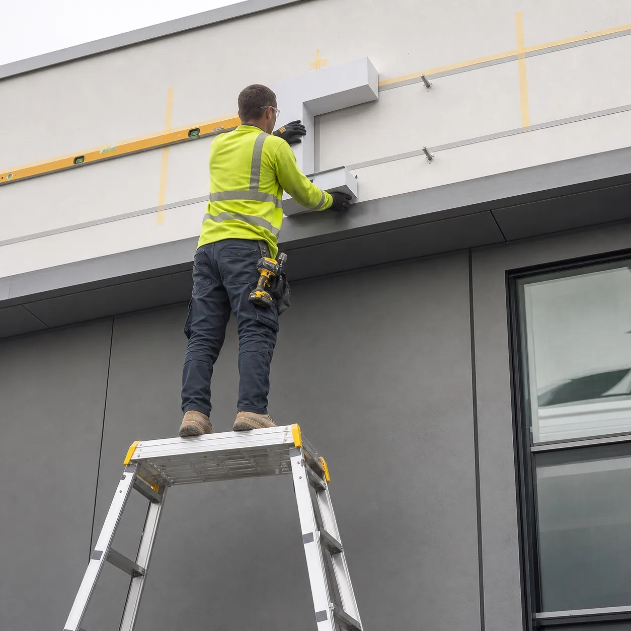Technician seen from behind fitting a blank dimensional sign form to a commercial fascia