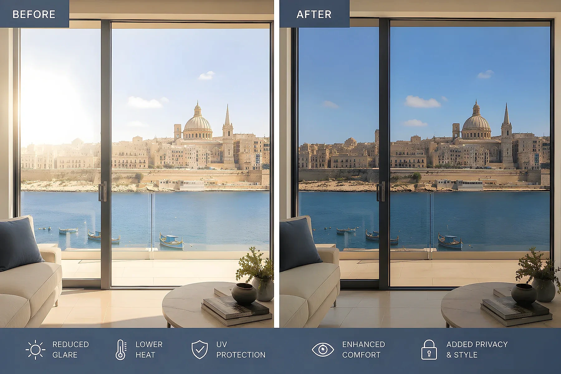 Before and after comparison of the same harbour view through sliding doors: on the left, glare washes out the sky and the room; on the right, the view through solar film holds its colour. Labelled reduced glare, lower heat, UV protection, enhanced comfort, and added privacy and style.
