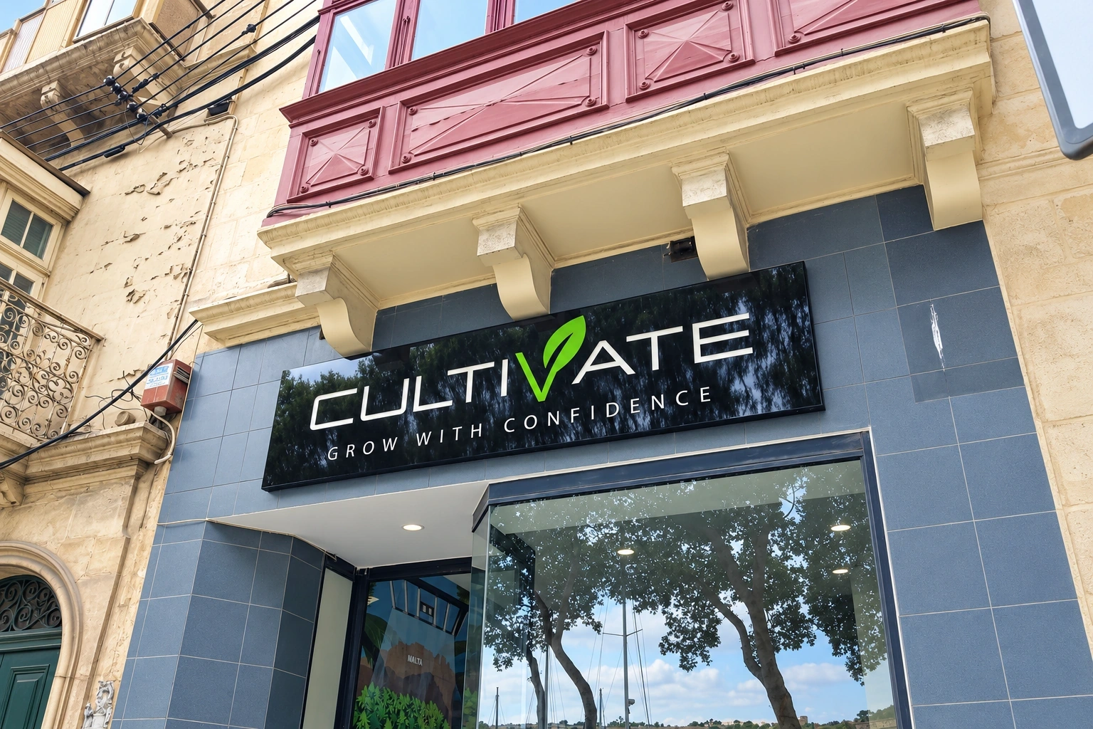 Black fascia sign with white lettering and a green leaf, mounted above a glazed shopfront beneath a traditional balcony