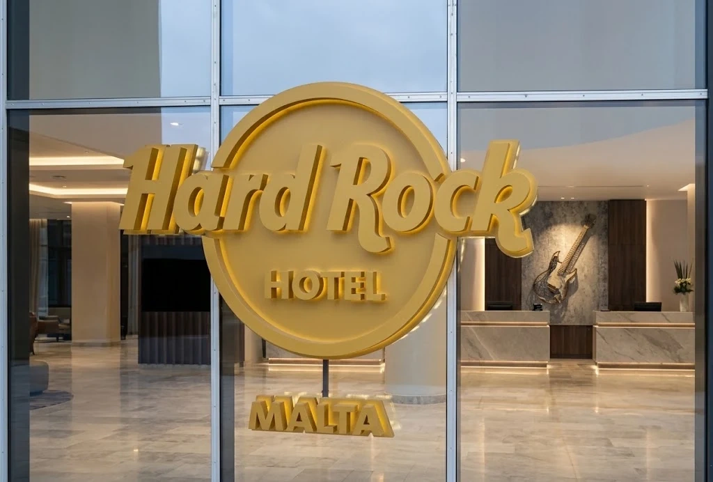 Gold three-dimensional hotel logo lettering standing on a plinth in front of a glazed hotel lobby
