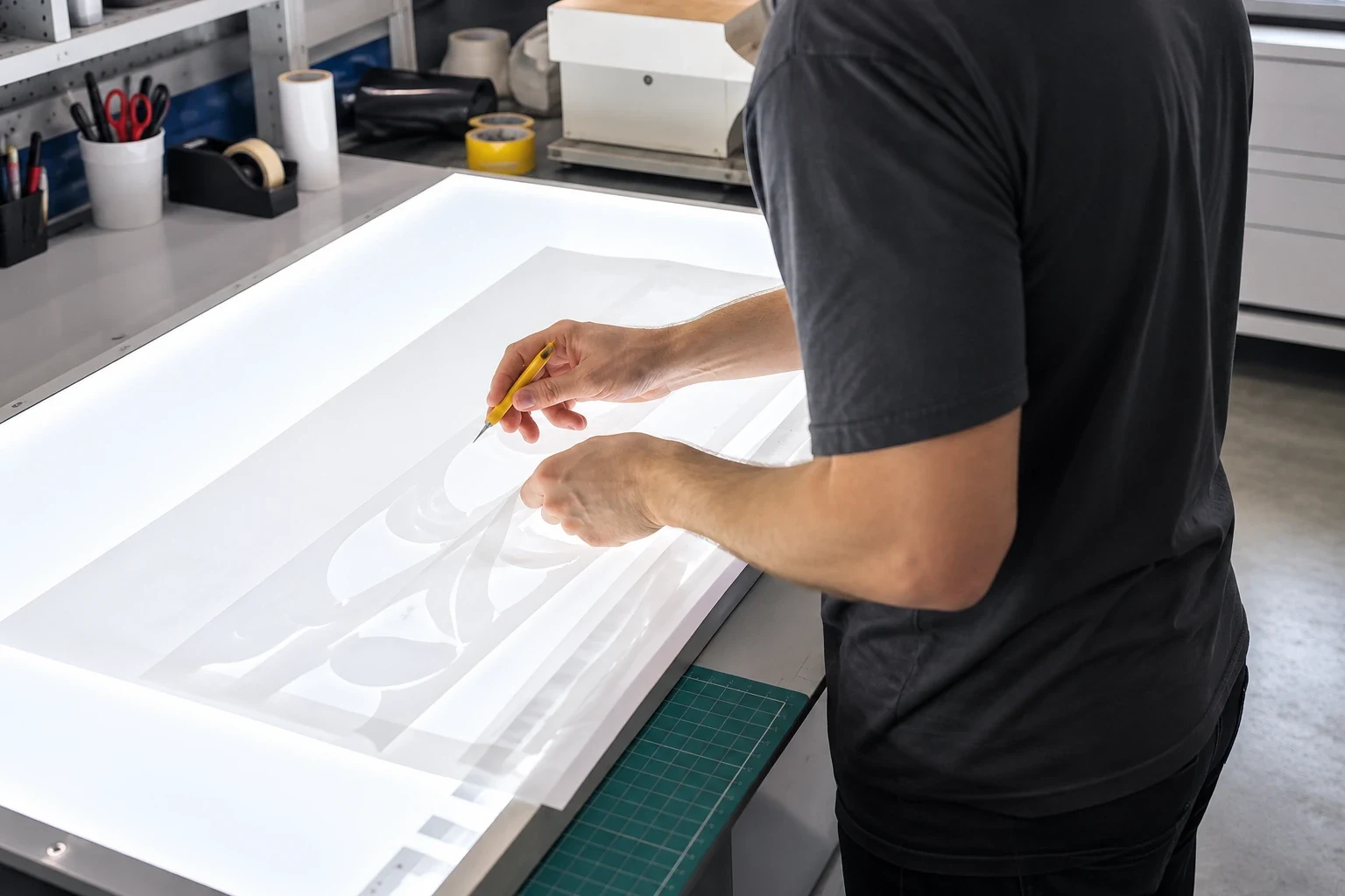 Worker seen from behind weeding blank vinyl shapes on a backlit fabrication bench