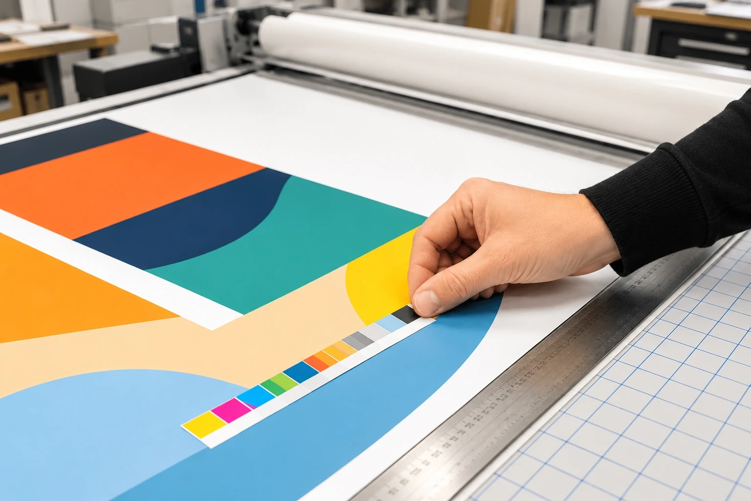 Hand comparing an abstract printed panel with a colour reference strip on a finishing bench