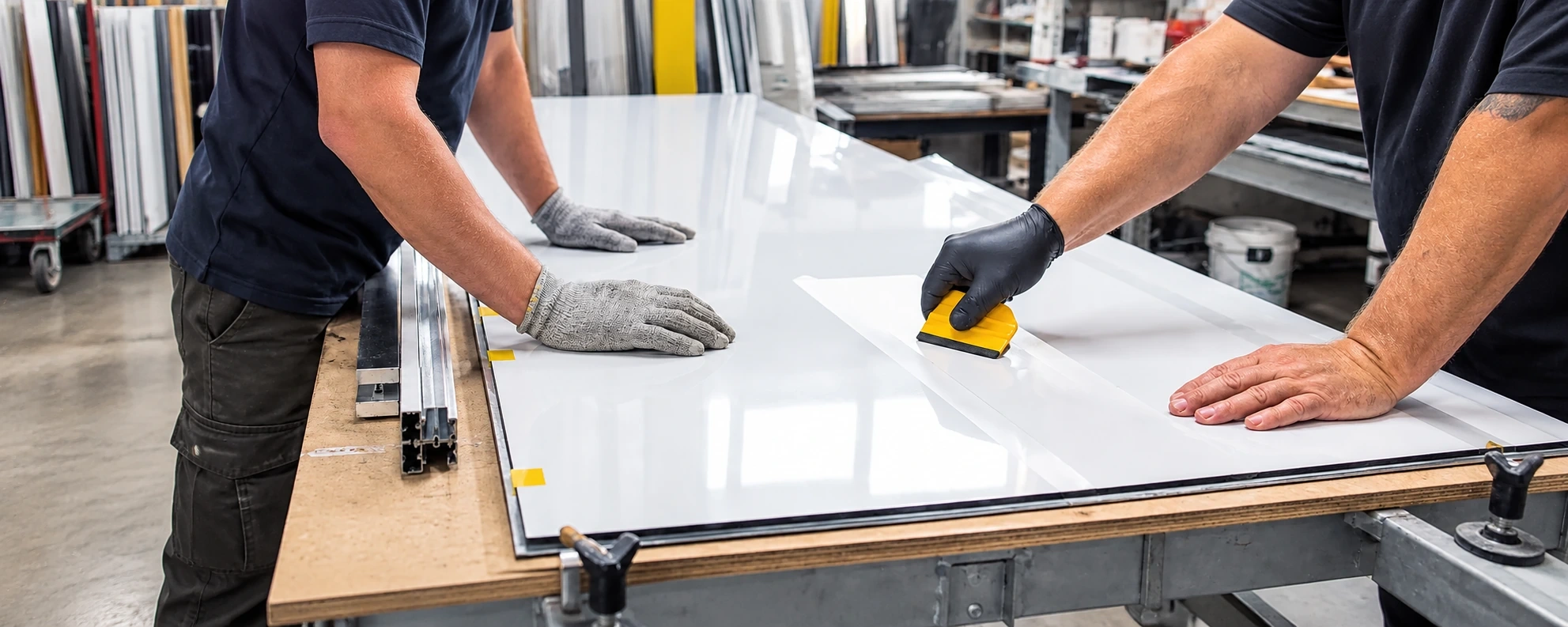 Two pairs of hands applying film to a blank sign panel across a fabrication bench