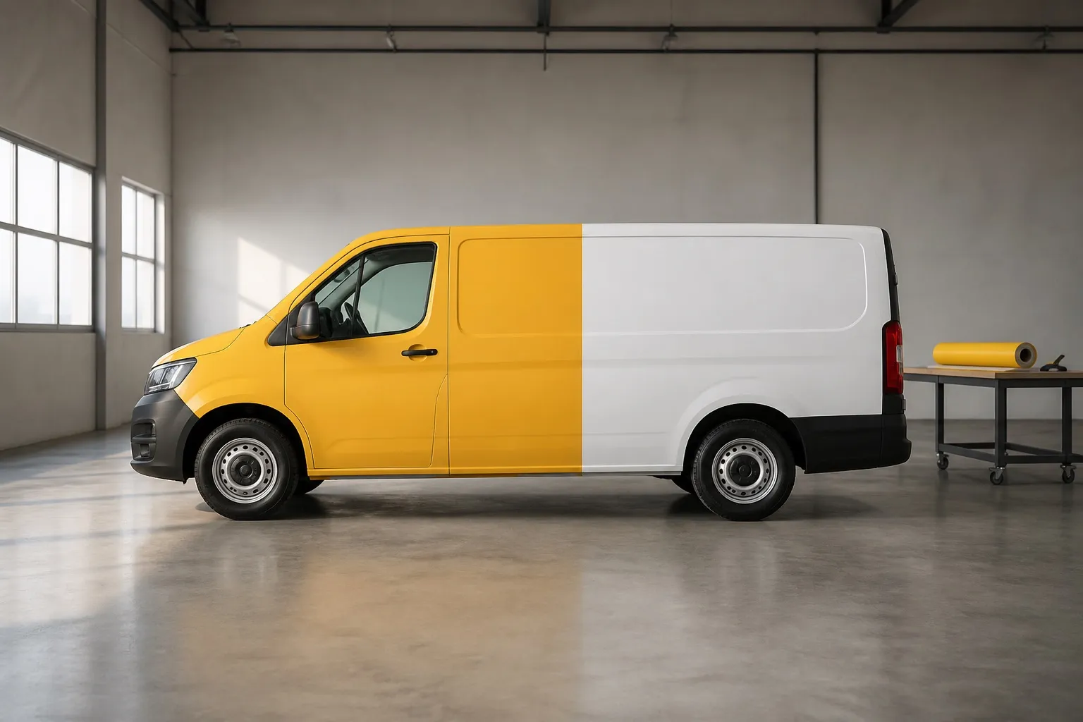 Unbranded white panel van shown side-on with one half covered in warm yellow vinyl inside a workshop