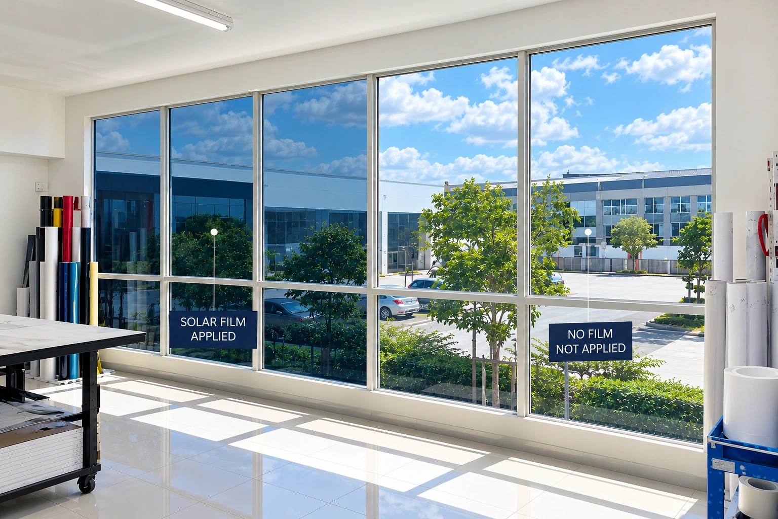 A showroom window wall where the left-hand panes carry solar film and the right-hand panes do not, each side labelled, with the untreated glass letting noticeably more light and sky through