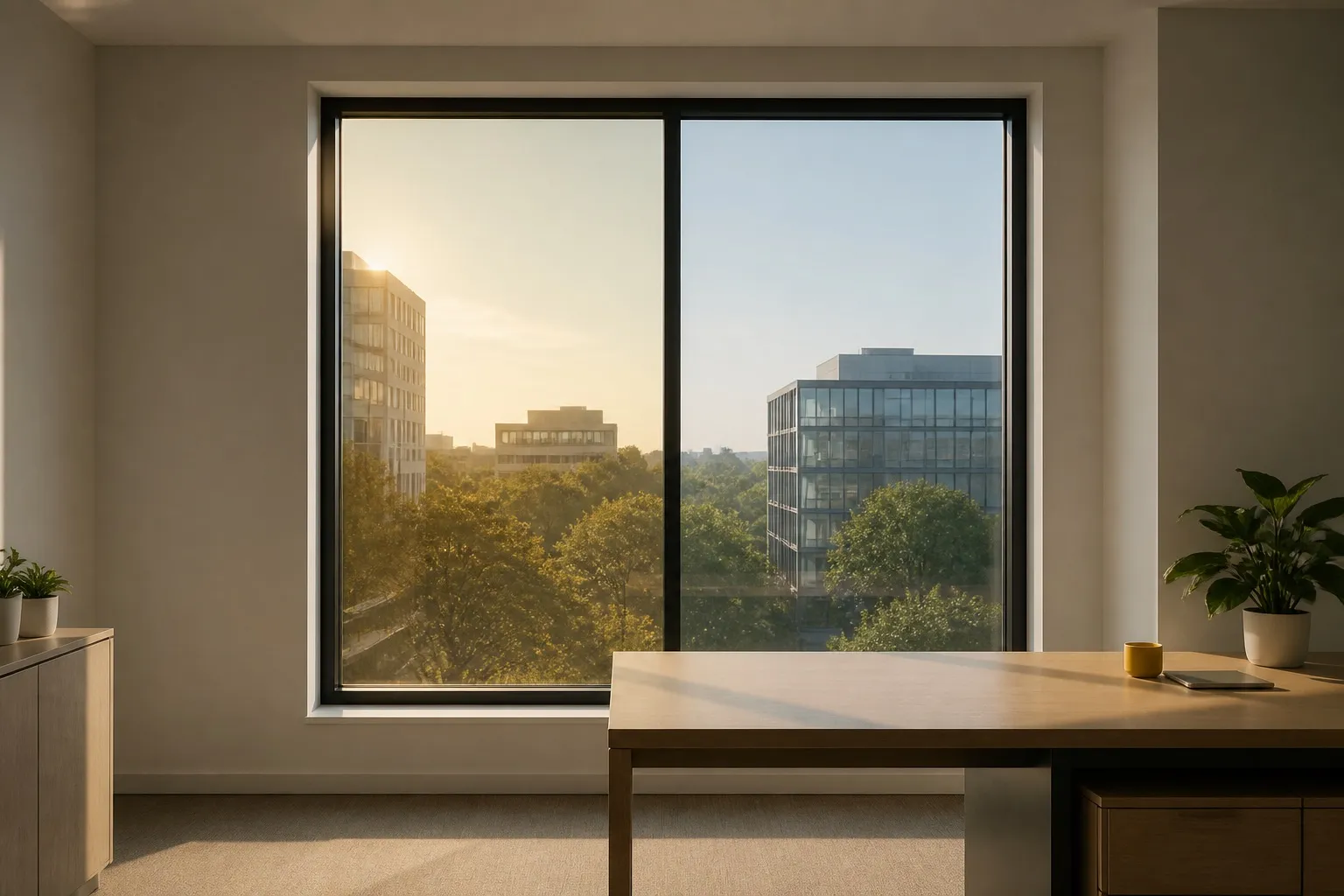 Office window with warm glare on one pane and cooler filtered light on the other