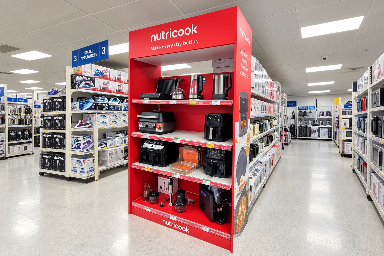 Red branded gondola end display stocked with kitchen appliances in a store aisle