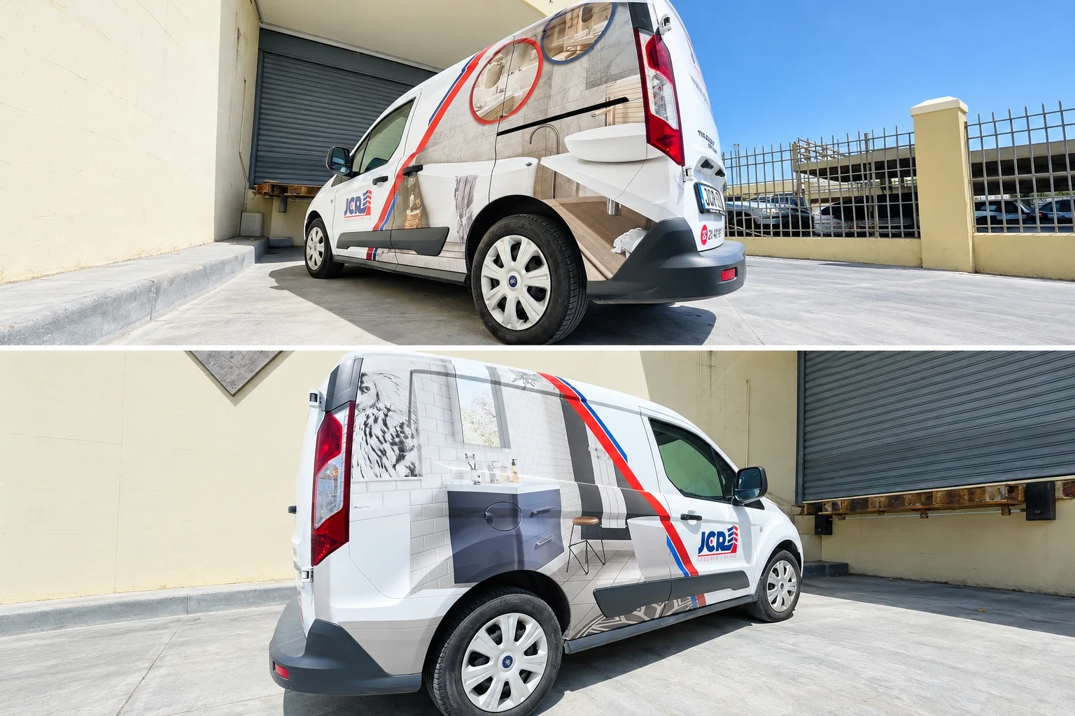 Two views of a white compact van wrapped in bathroom interior photography