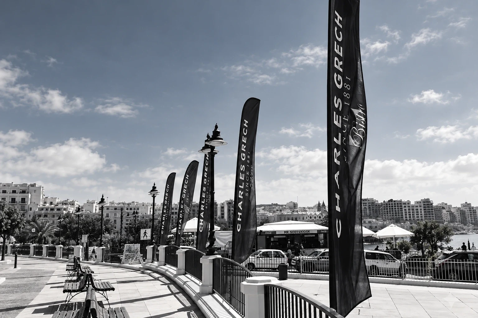 Row of dark feather flags along a promenade railing, photographed in black and white