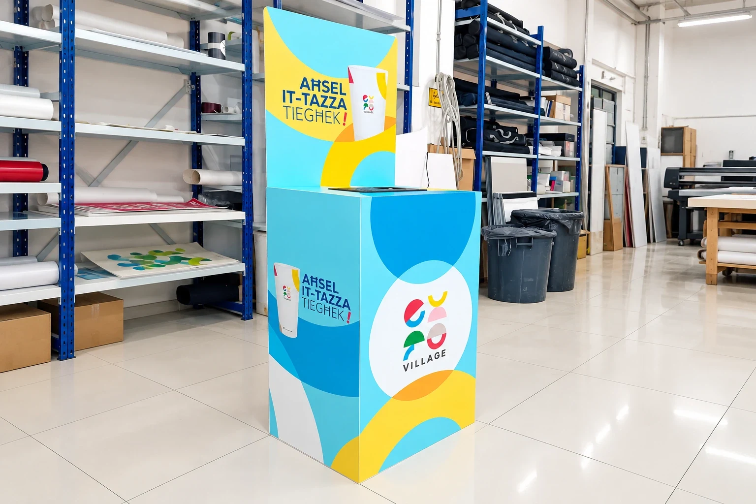 Blue and yellow branded cup collection bin with a raised printed header, in a storage area