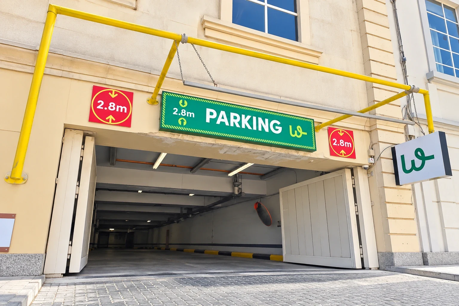 Green parking sign showing a 2.8 metre height limit between two red height warning plates over a car park entrance
