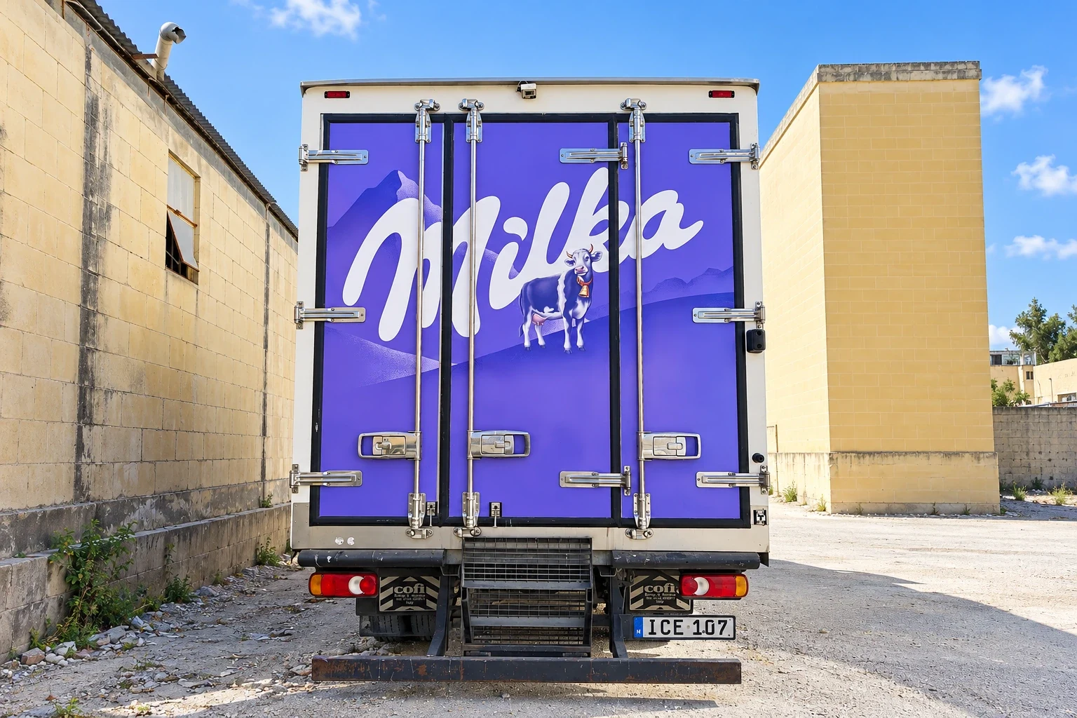 Purple wrapped rear doors of a refrigerated truck with a brand name and a cow illustration