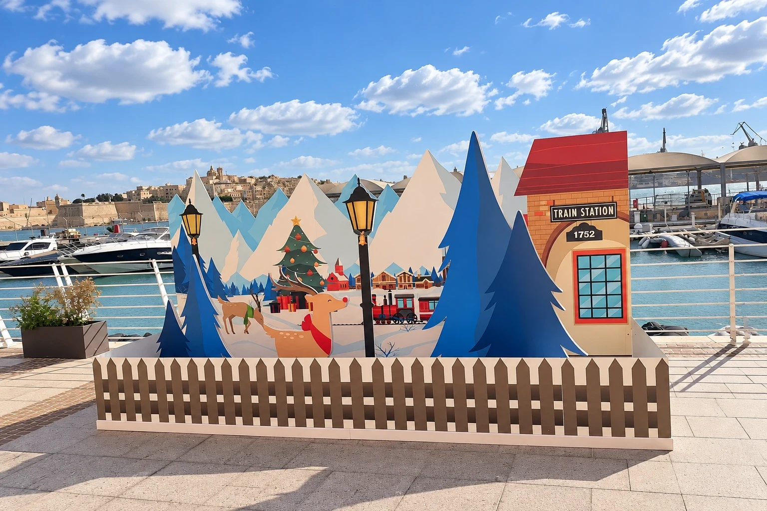 Layered cut-out Christmas village scene with mountains, trees and a station house on a waterfront promenade