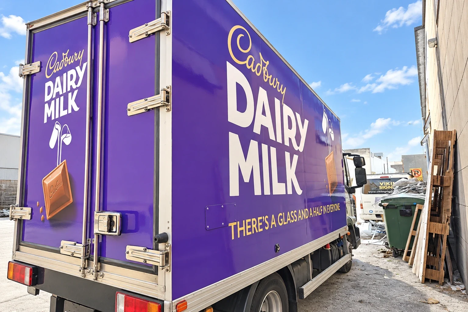 Purple wrapped truck body with large white confectionery brand lettering, photographed close up
