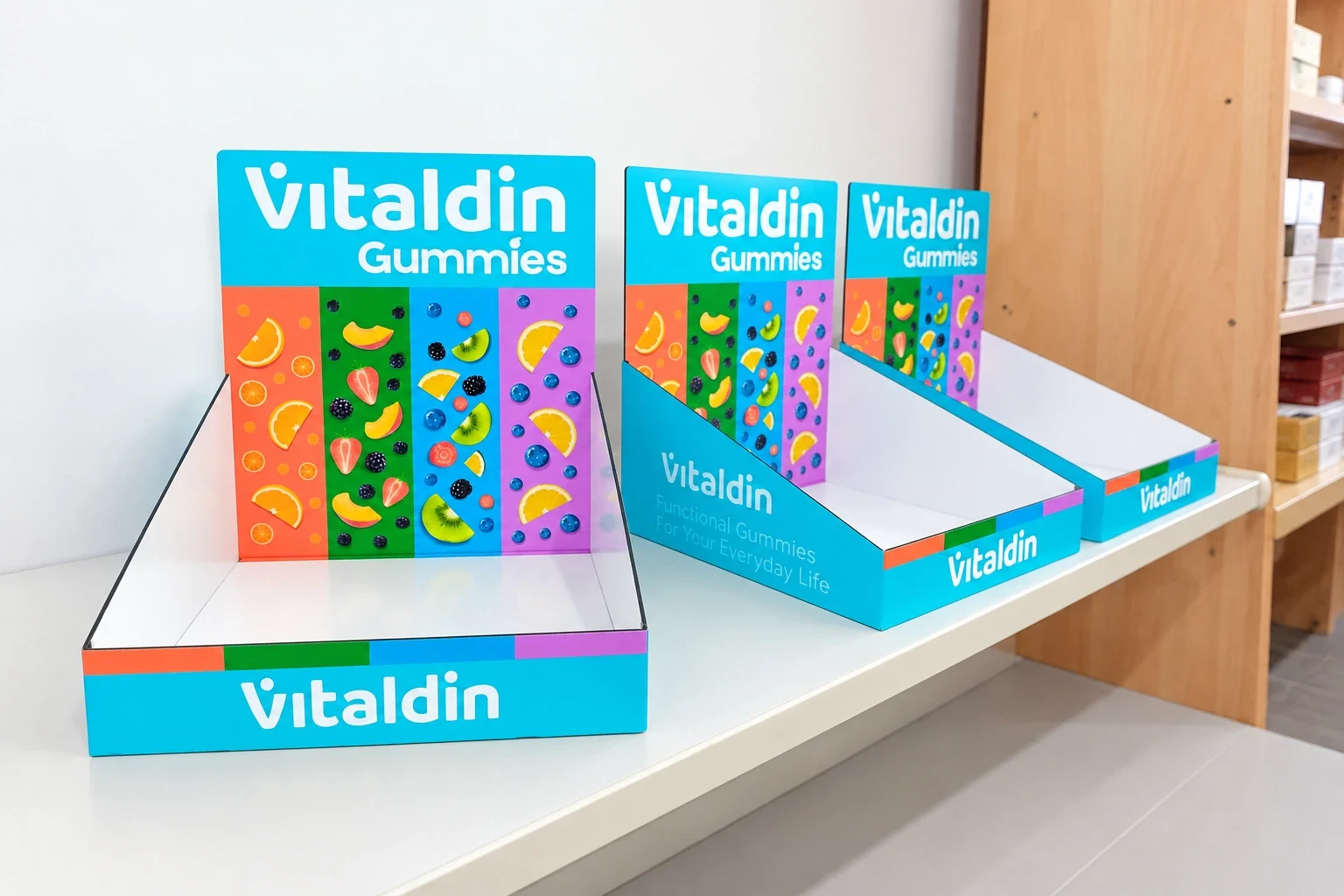 Three turquoise printed counter display trays for vitamin gummies on a white shelf