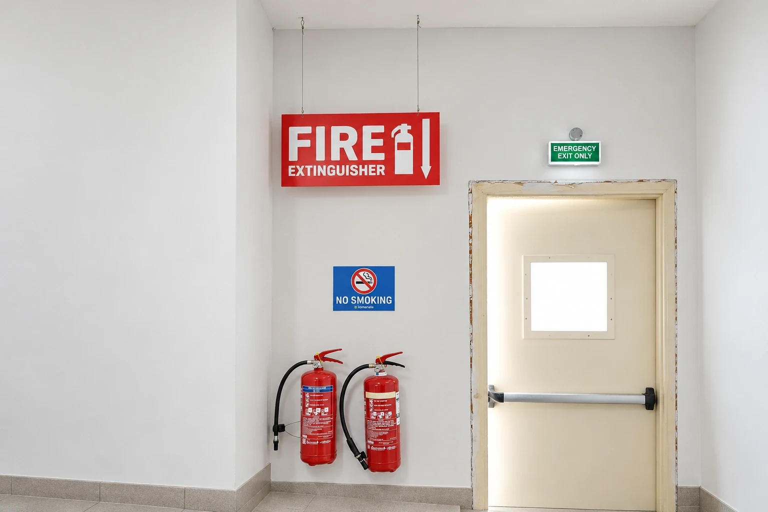 Red fire extinguisher sign suspended above two extinguishers with a no smoking plate below