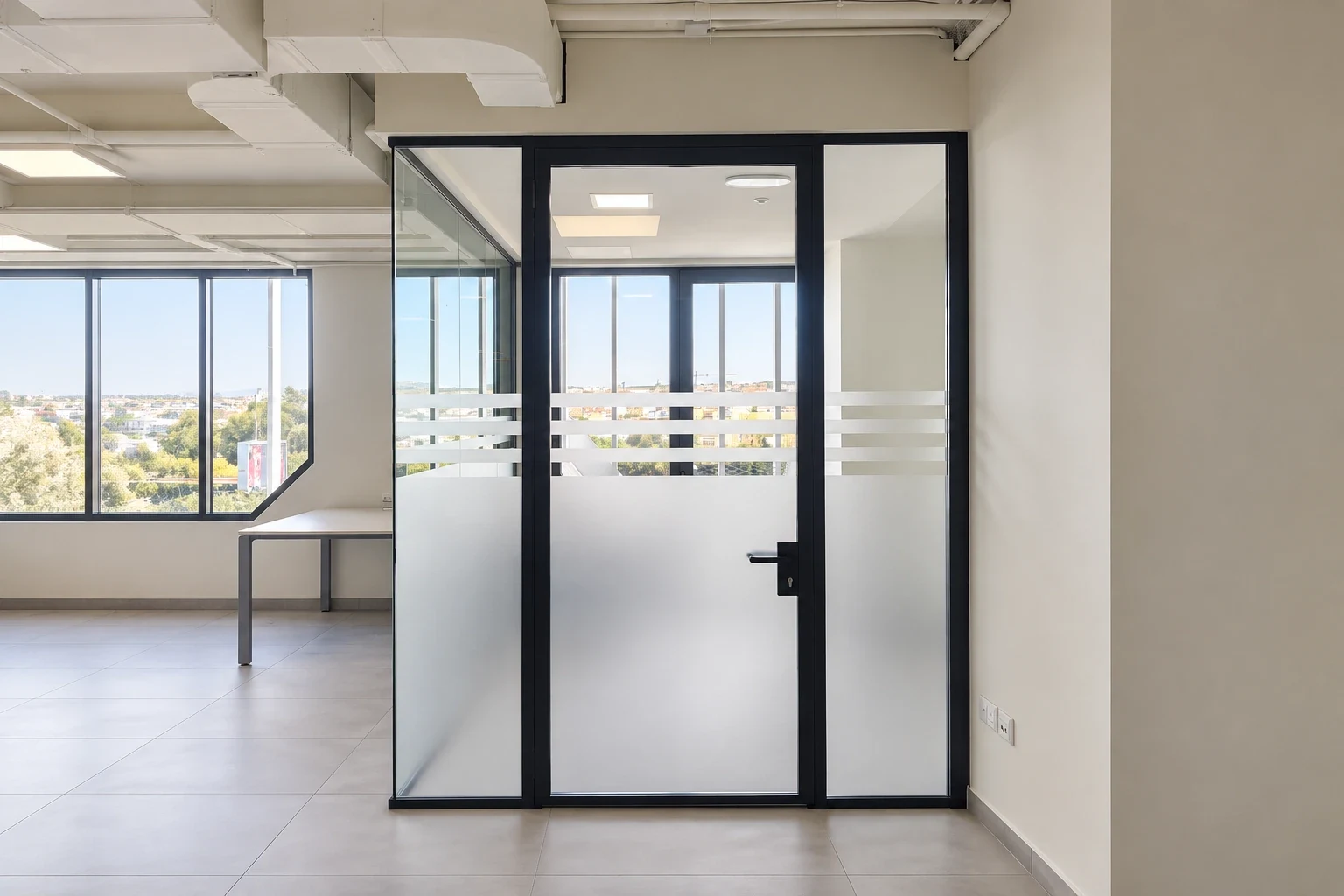 Glass office partition and door with frosted film below and horizontal frosted bands at eye level
