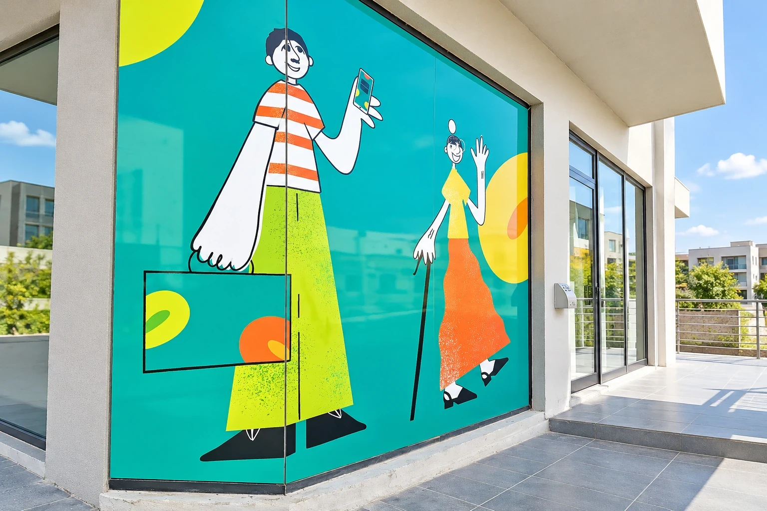 Teal window graphic of two illustrated figures covering the full height of a curved shopfront