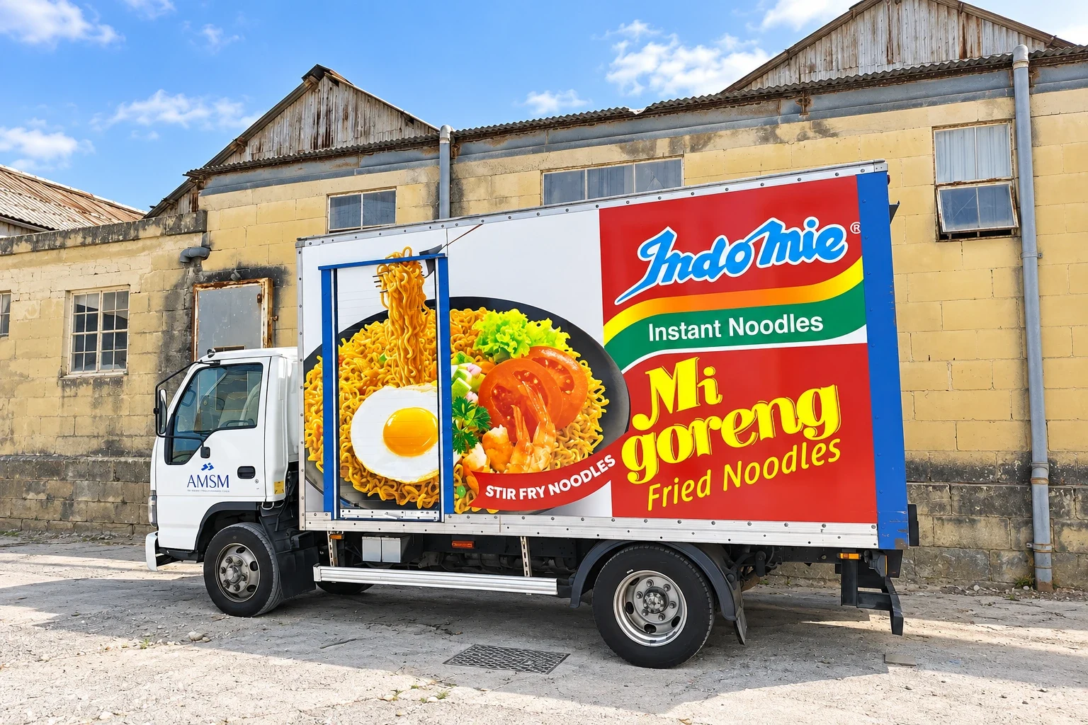 Box truck printed with a large noodle dish and pack image along its full side