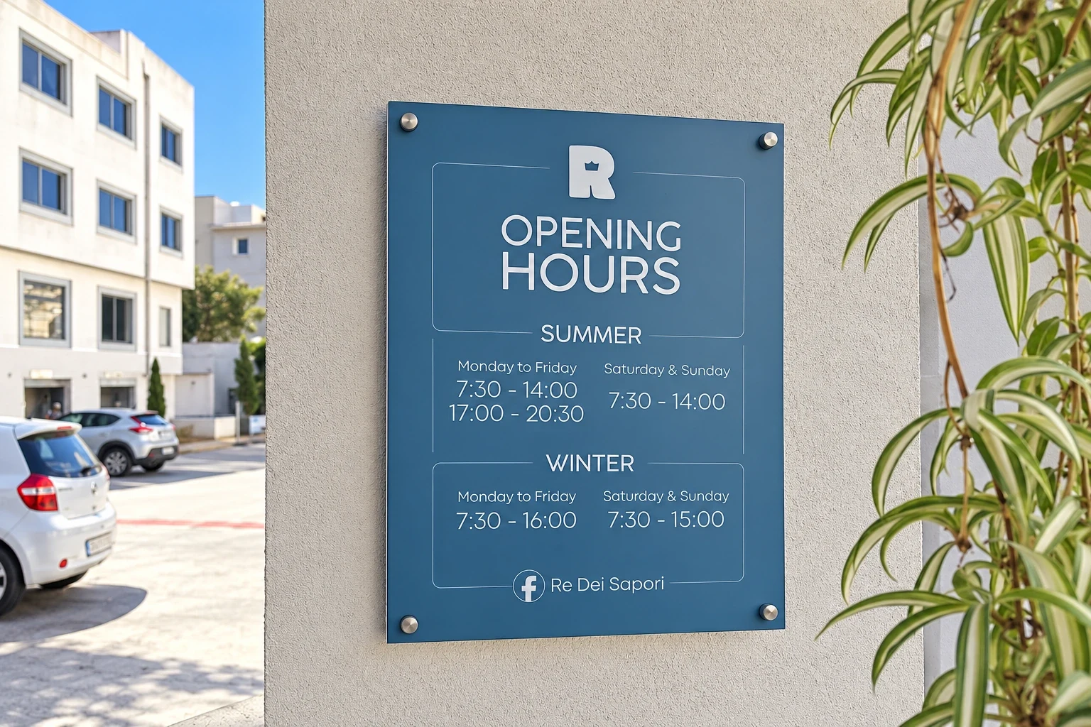 Blue-grey acrylic opening hours plaque on standoffs fixed to a rendered wall beside a plant