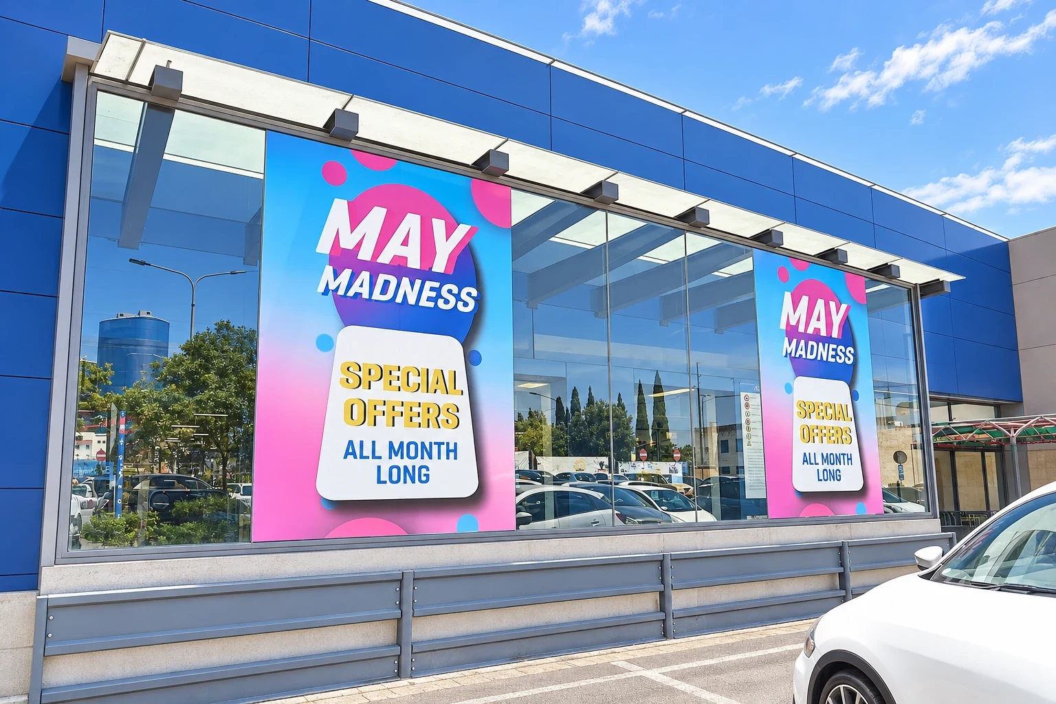 Pink and blue promotional window posters repeated along the glazed frontage of a showroom