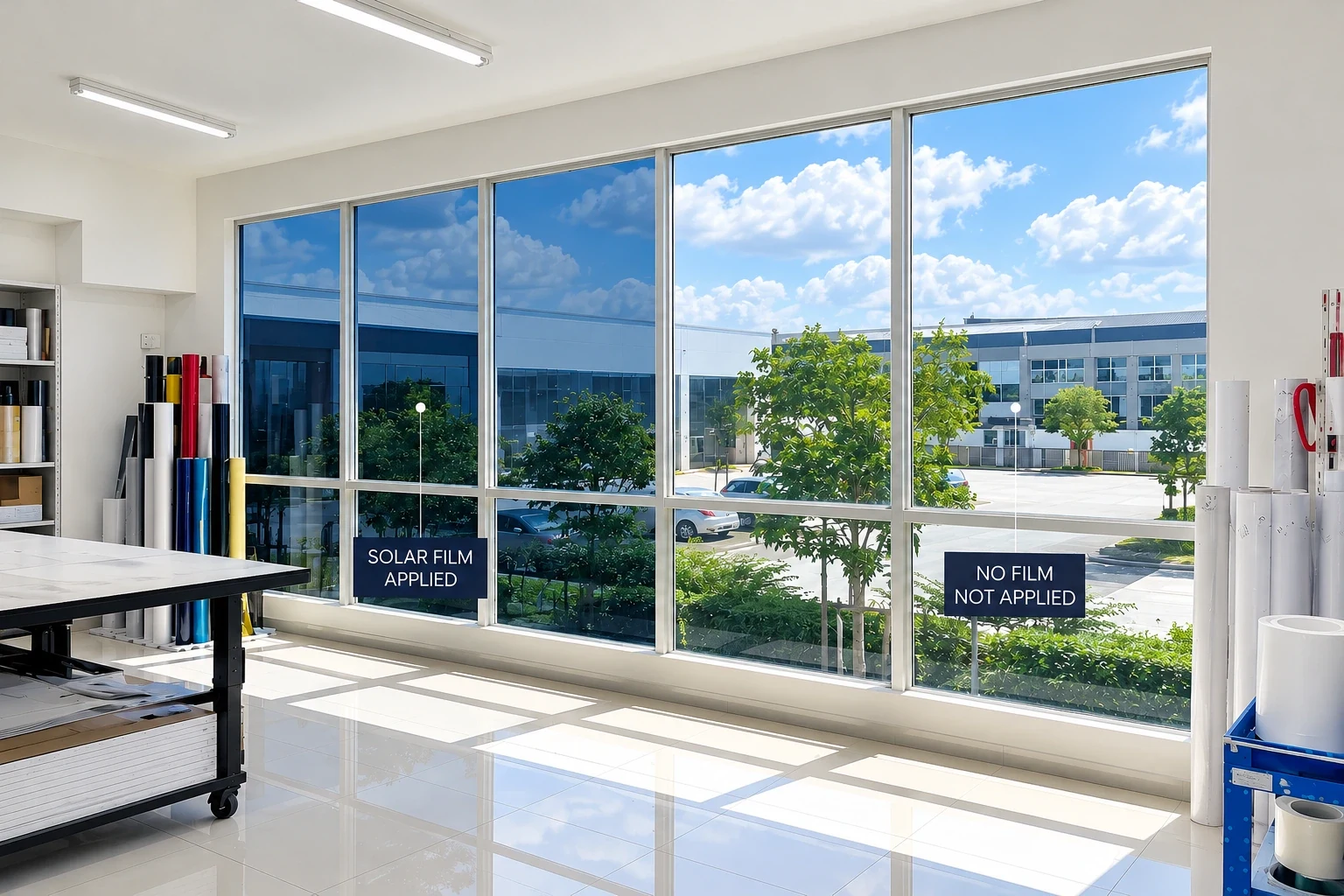 Office window wall with solar film applied to the left panes and untreated panes to the right, each labelled