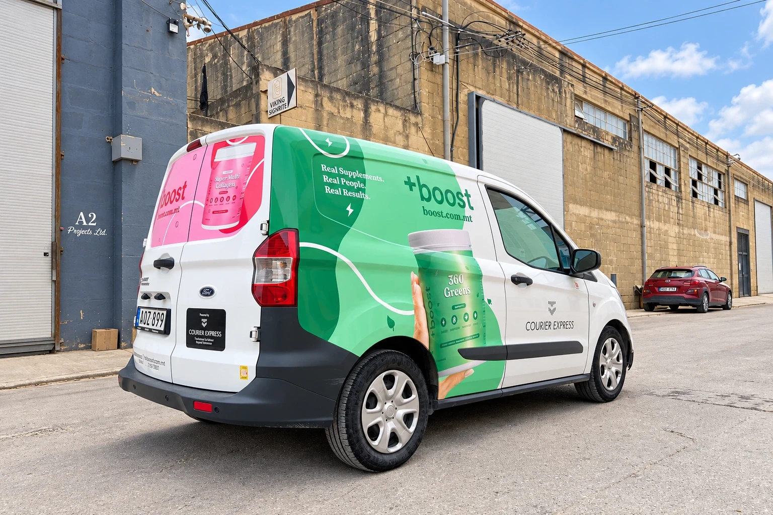 Green and white wrapped courier van with a supplement tub printed along its side panel