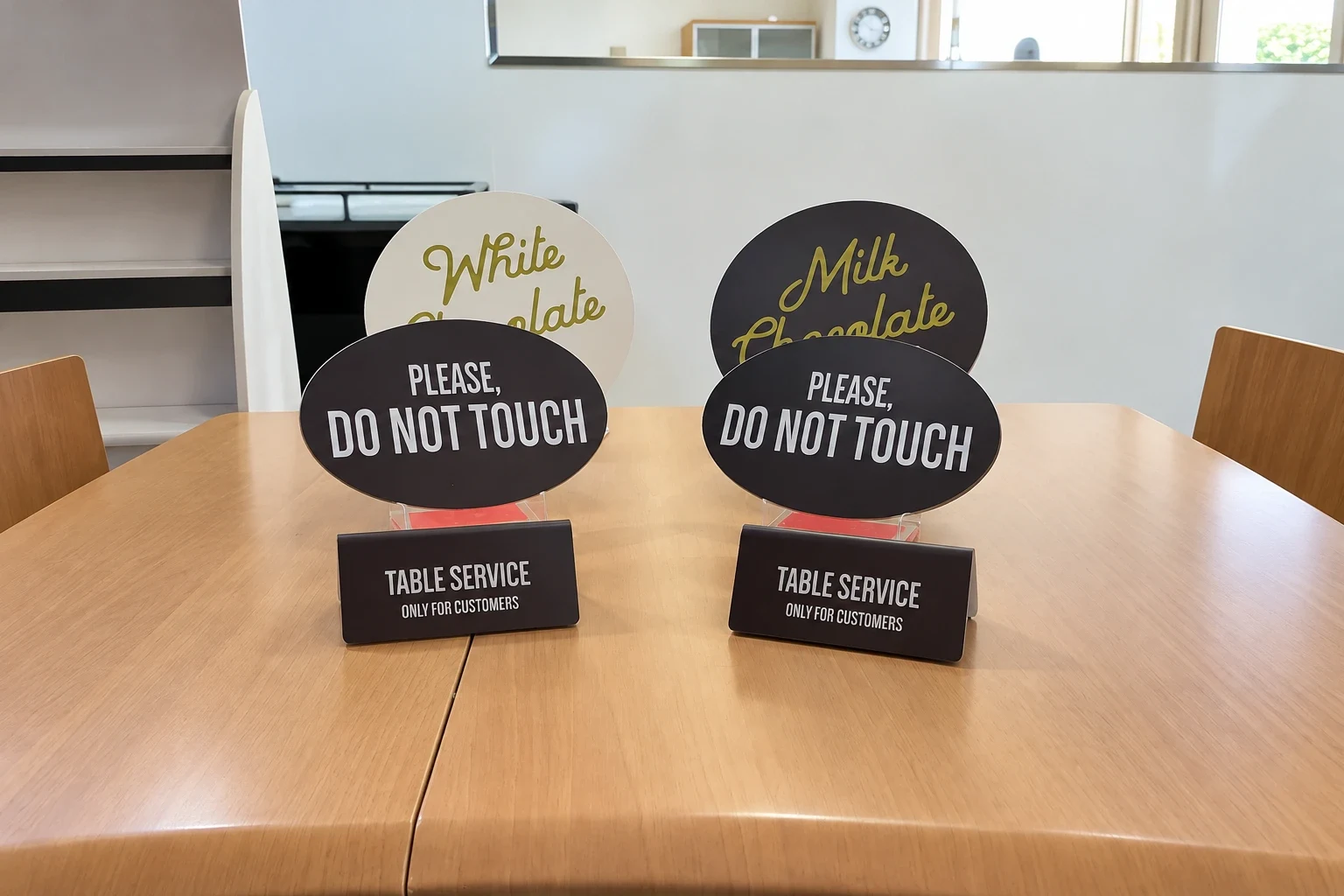 Two oval tabletop signs reading please do not touch on printed table service bases